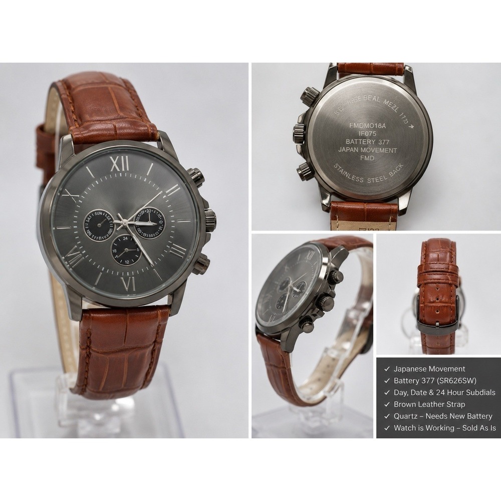 FMD Mens Watch 45mm Gray Dial Black Case Brown Faux Leather Strap Quartz